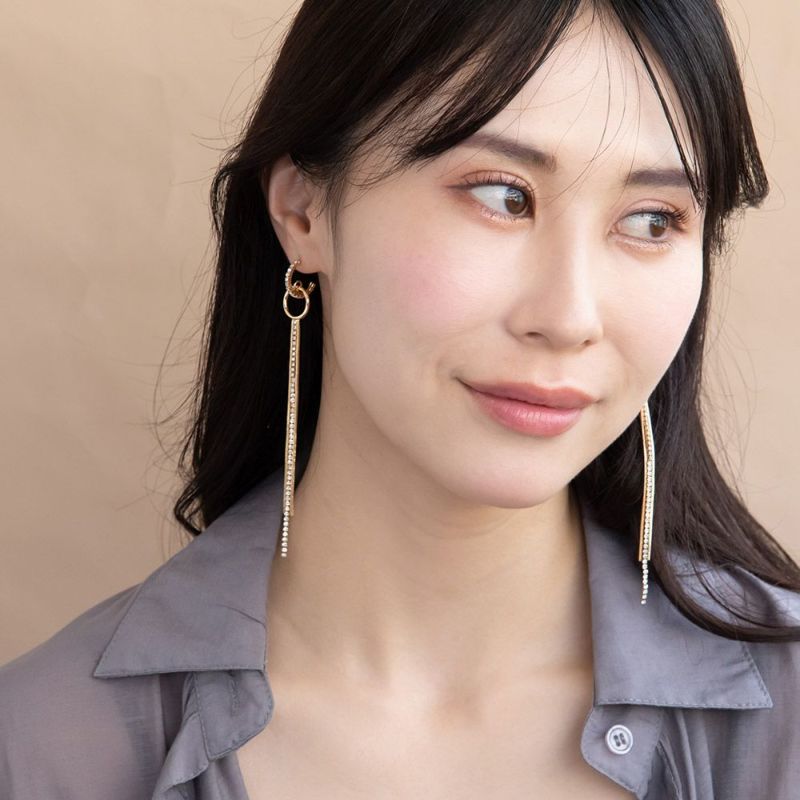 ピアス ニッケルフリー メタル ロング ミニ ストーン チェーン カーブ リング ステンレスポスト スタッドピアス