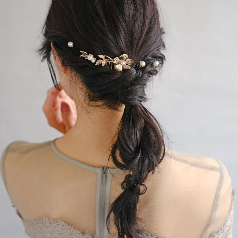 Classy コーム ニッケルフリー フラワー メタル パール ストーン ヘアチャーム 5個セット ヘアコーム ワイヤーコーム