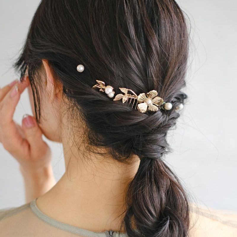 Classy コーム ニッケルフリー フラワー メタル パール ストーン ヘアチャーム 5個セット ヘアコーム ワイヤーコーム
