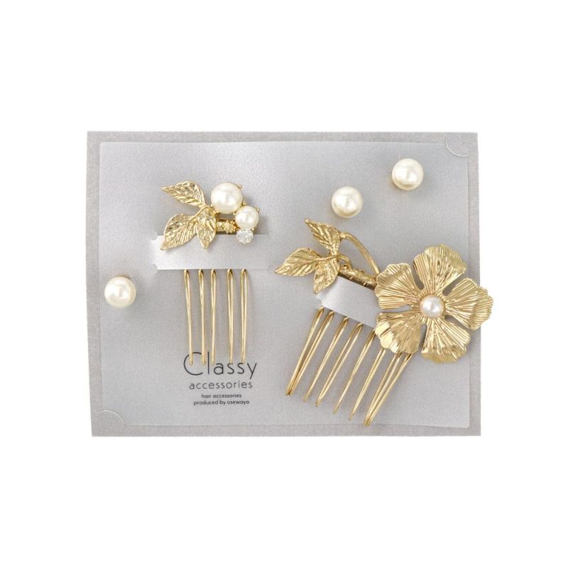 Classy コーム ニッケルフリー フラワー メタル パール ストーン ヘアチャーム 5個セット ヘアコーム ワイヤーコーム