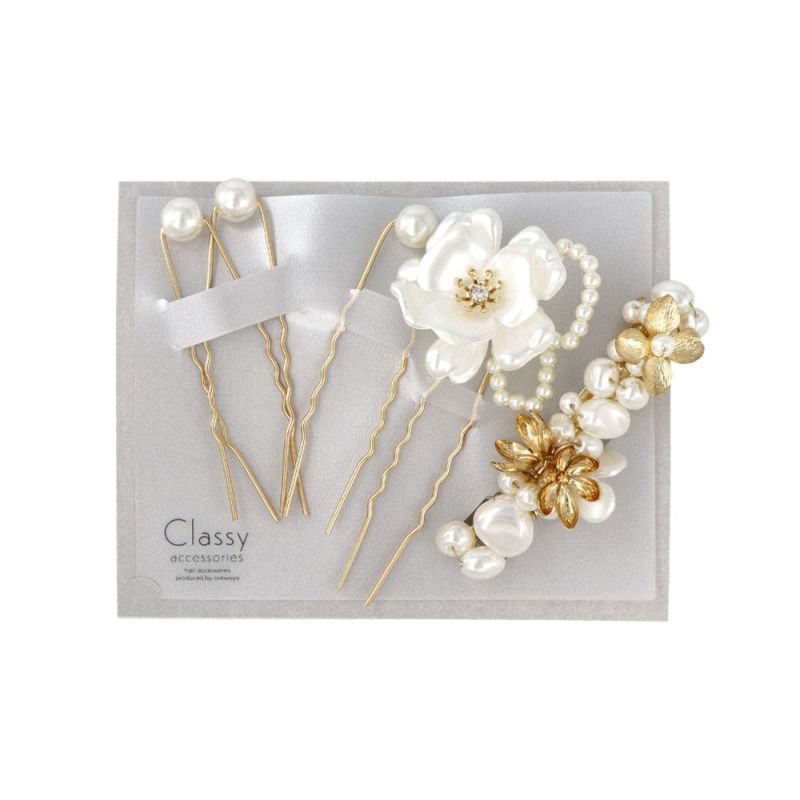 Classy バレッタ ヘアピン ニッケルフリー フラワー メタル パール ストーン 5個セット Uピン