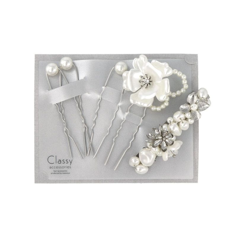 Classy バレッタ ヘアピン ニッケルフリー フラワー メタル パール ストーン 5個セット Uピン