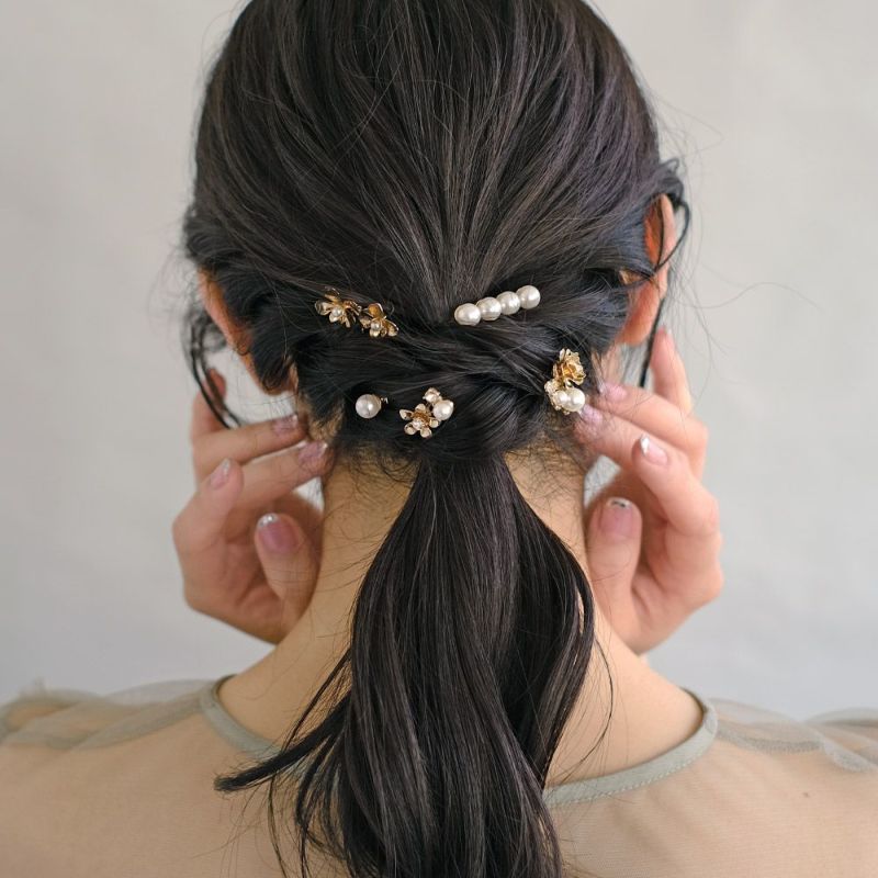Classy コーム ニッケルフリー フラワー メタル パール ストーン ヘアチャーム 5個セット ヘアコーム ワイヤーコーム