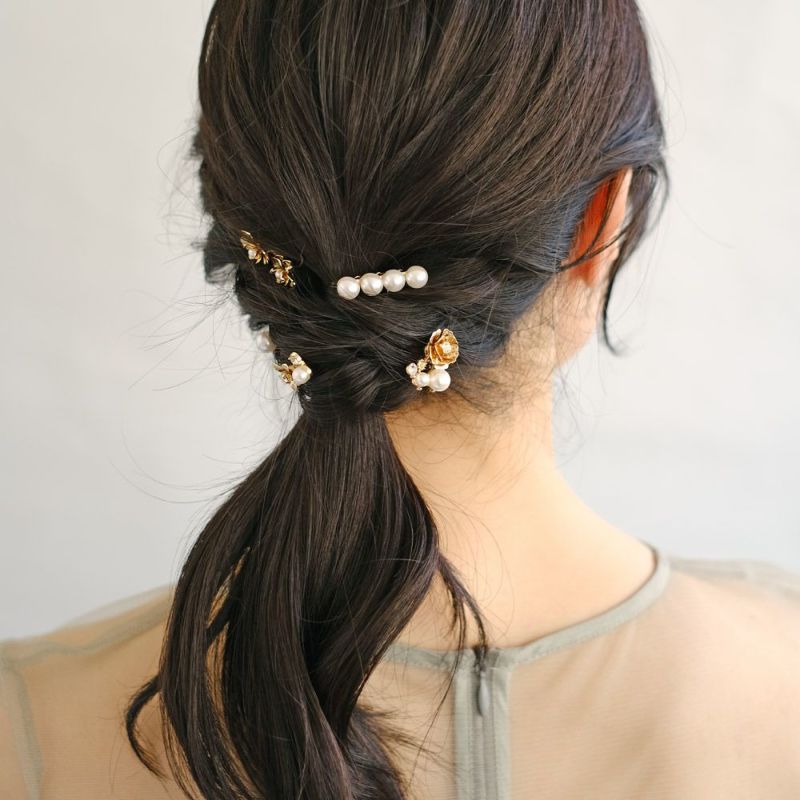 Classy コーム ニッケルフリー フラワー メタル パール ストーン ヘアチャーム 5個セット ヘアコーム ワイヤーコーム