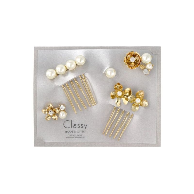 Classy コーム ニッケルフリー フラワー メタル パール ストーン ヘアチャーム 5個セット ヘアコーム ワイヤーコーム