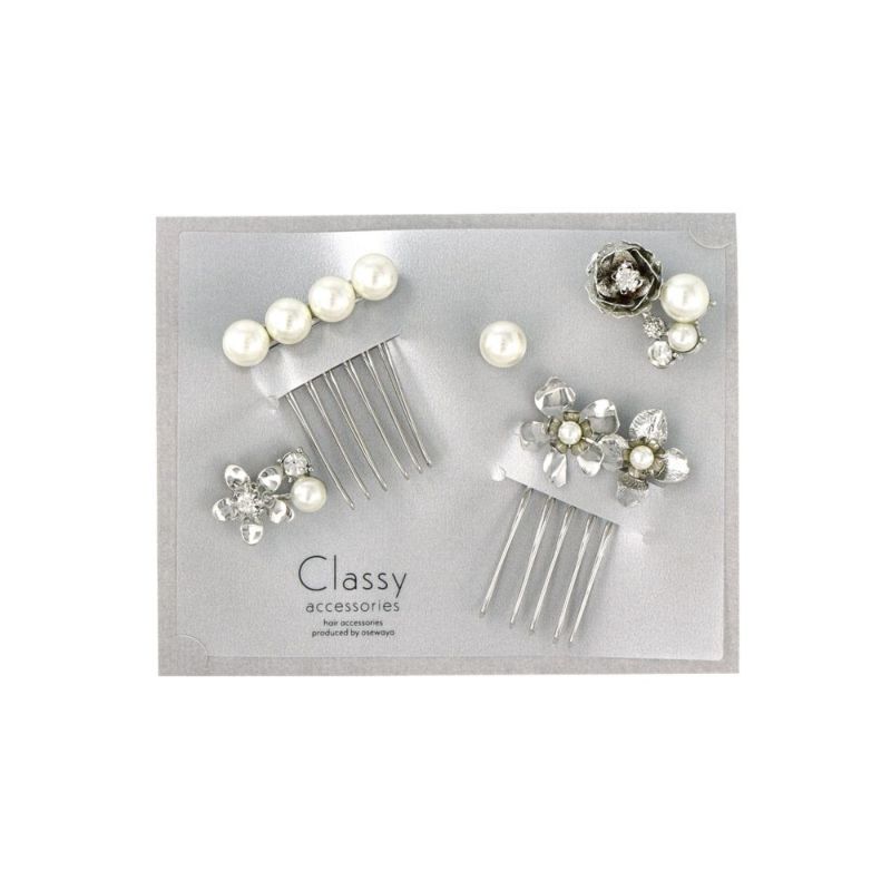 Classy コーム ニッケルフリー フラワー メタル パール ストーン ヘアチャーム 5個セット ヘアコーム ワイヤーコーム