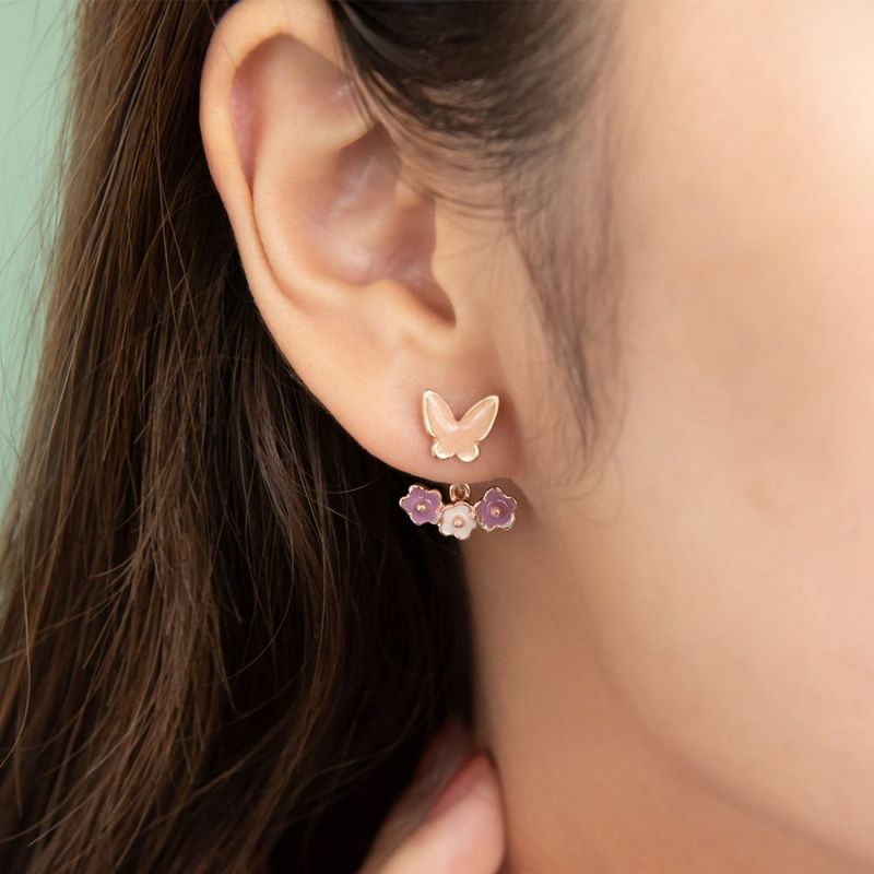 ピアス ニッケルフリー メタル バタフライ 蝶 フラワー 花 チタンポスト バックキャッチ ドロップピアス