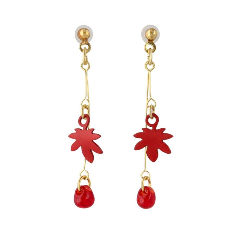 ピアス 和風 紅葉 もみじ ストーン メタル ワイヤー チタンポスト スタッドピアス