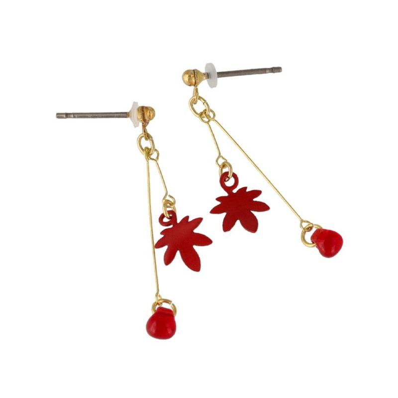 ピアス 和風 紅葉 もみじ ストーン メタル ワイヤー チタンポスト スタッドピアス