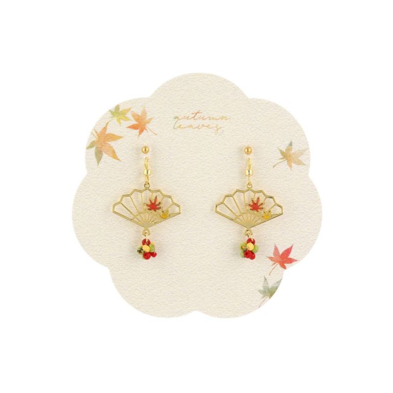 ピアス 和風 紅葉 もみじ 扇子 ビーズ メタル チタンポスト スタッドピアス