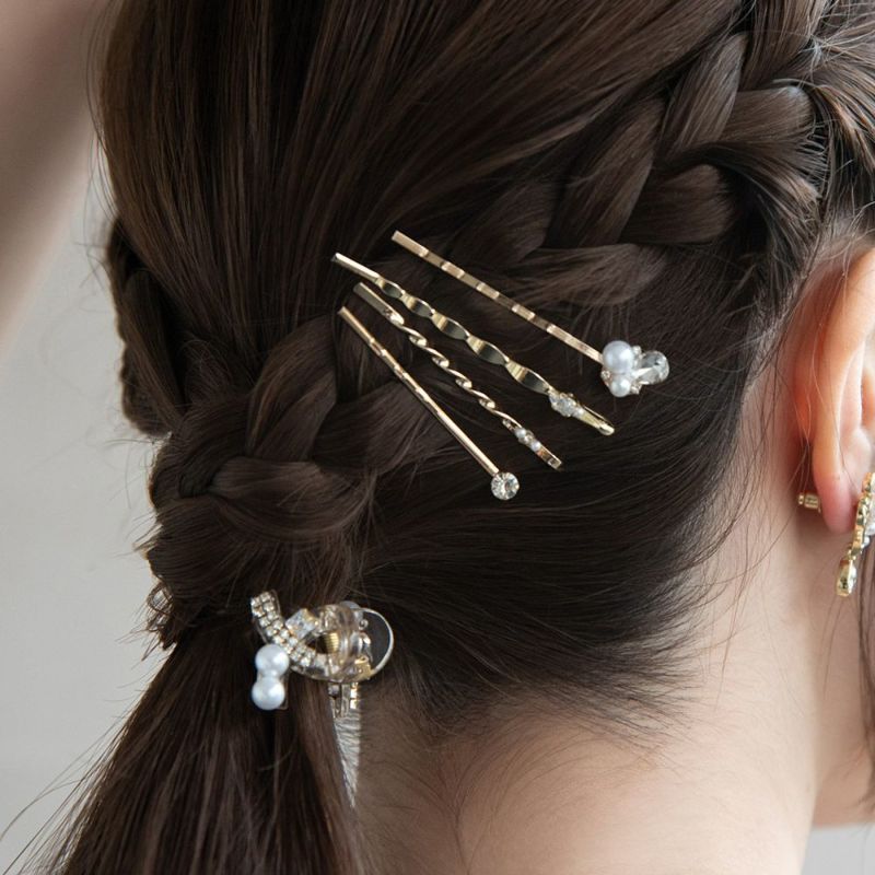 Classy ヘアアレンジセット ヘアクリップ ヘアピン メタル ミニ ストーン パール 5個セット アメピン ロール バンスクリップ