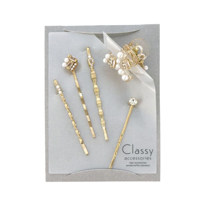 Classy ヘアアレンジセット ヘアクリップ ヘアピン メタル ミニ ストーン パール 5個セット アメピン ロール バンスクリップ