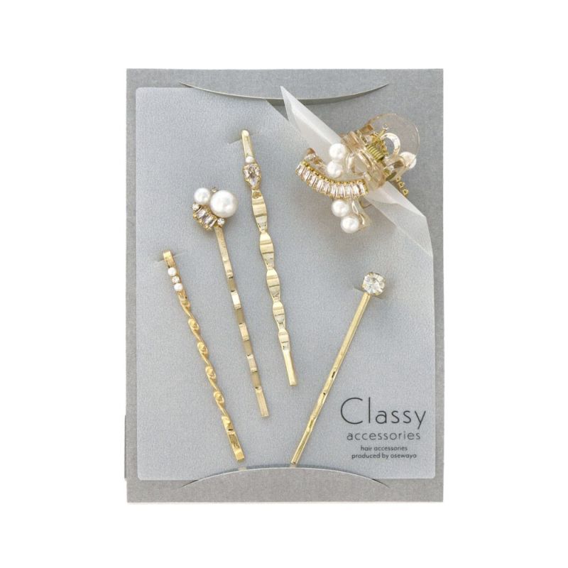 Classy ヘアアレンジセット ヘアクリップ ヘアピン メタル ミニ ストーン パール 5個セット アメピン ロール バンスクリップ