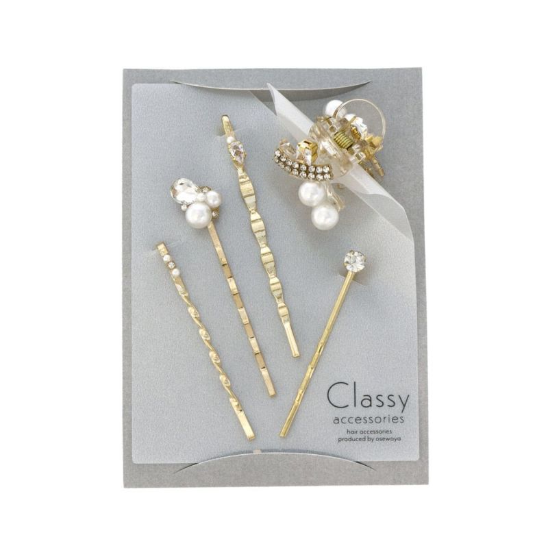 Classy ヘアアレンジセット ヘアクリップ ヘアピン メタル ミニ ストーン パール 5個セット アメピン ロール バンスクリップ