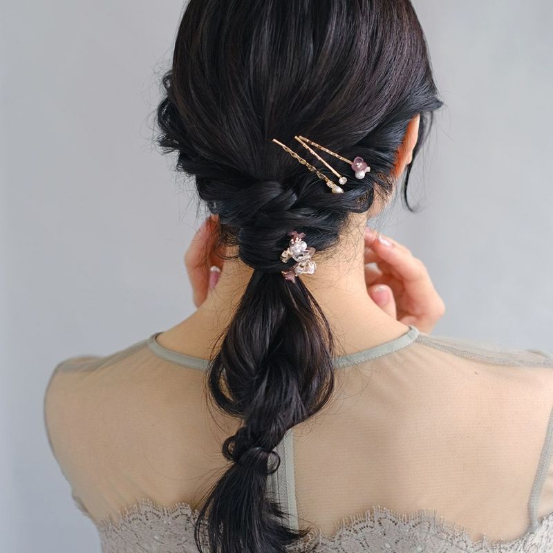 Classy ヘアアレンジセット ヘアクリップ ヘアピン メタル ミニ ストーン パール フラワー 花 4個セット アメピン ロール バンスクリップ