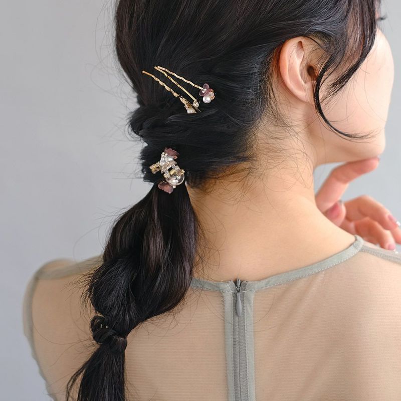 Classy ヘアアレンジセット ヘアクリップ ヘアピン メタル ミニ ストーン パール フラワー 花 4個セット アメピン ロール バンスクリップ