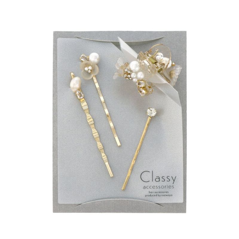 Classy ヘアアレンジセット ヘアクリップ ヘアピン メタル ミニ ストーン パール フラワー 花 4個セット アメピン ロール バンスクリップ