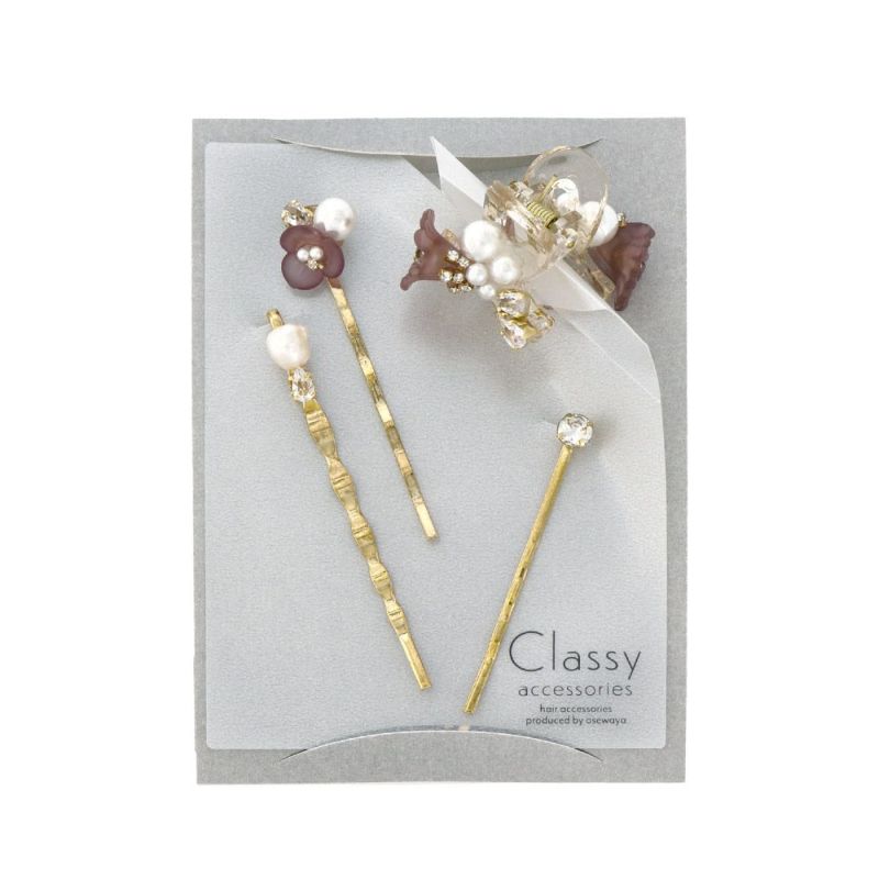 Classy ヘアアレンジセット ヘアクリップ ヘアピン メタル ミニ ストーン パール フラワー 花 4個セット アメピン ロール バンスクリップ