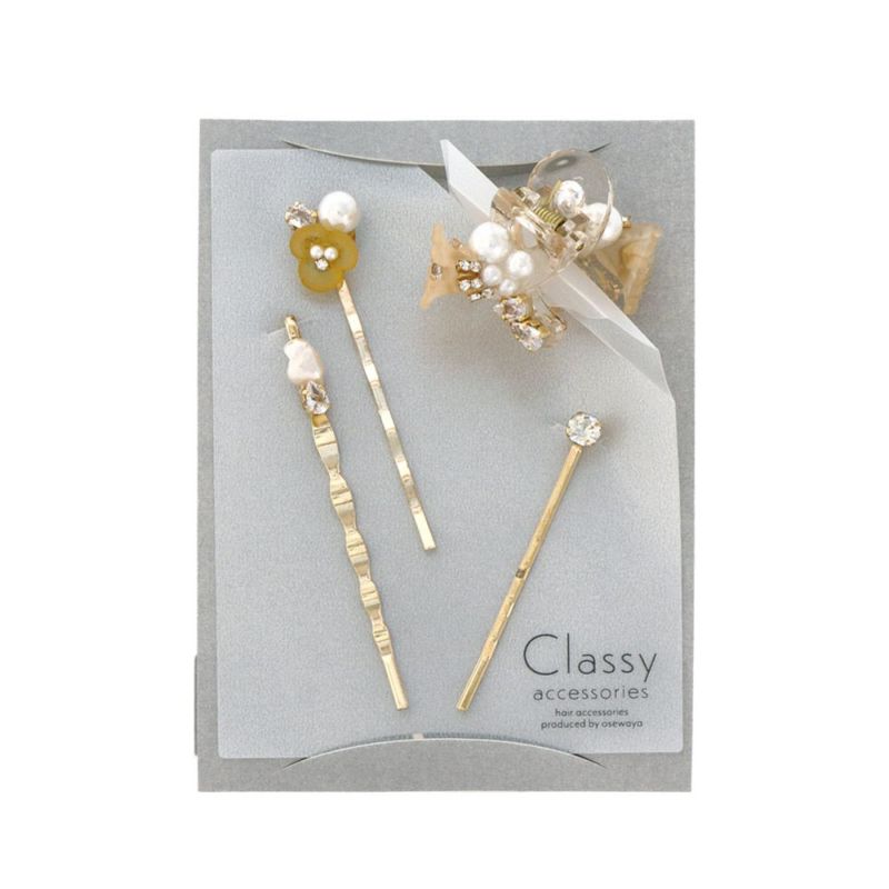 Classy ヘアアレンジセット ヘアクリップ ヘアピン メタル ミニ ストーン パール フラワー 花 4個セット アメピン ロール バンスクリップ