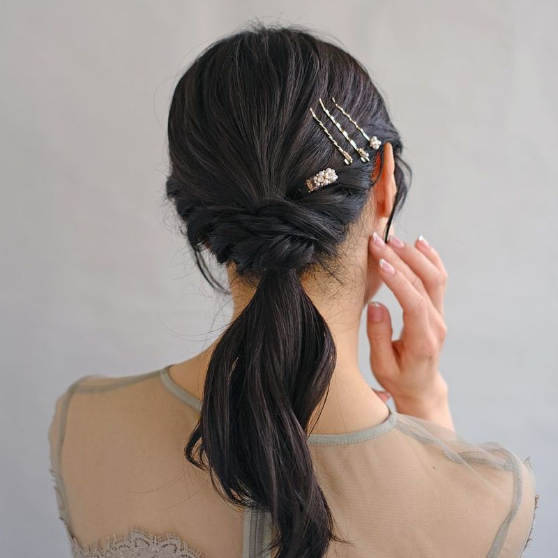 Classy ヘアアレンジセット ヘアクリップ ヘアピン メタル ミニ ストーン パール 4個セット アメピン クリップ