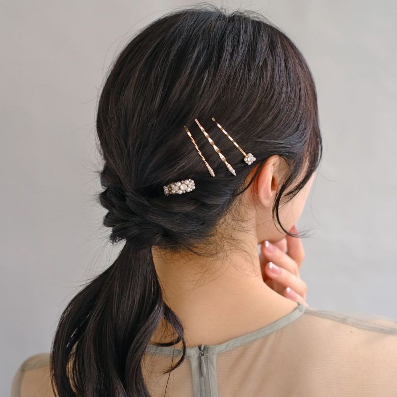 Classy ヘアアレンジセット ヘアクリップ ヘアピン メタル ミニ ストーン パール 4個セット アメピン クリップ