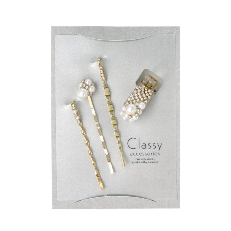 Classy ヘアアレンジセット ヘアクリップ ヘアピン メタル ミニ ストーン パール 4個セット アメピン クリップ