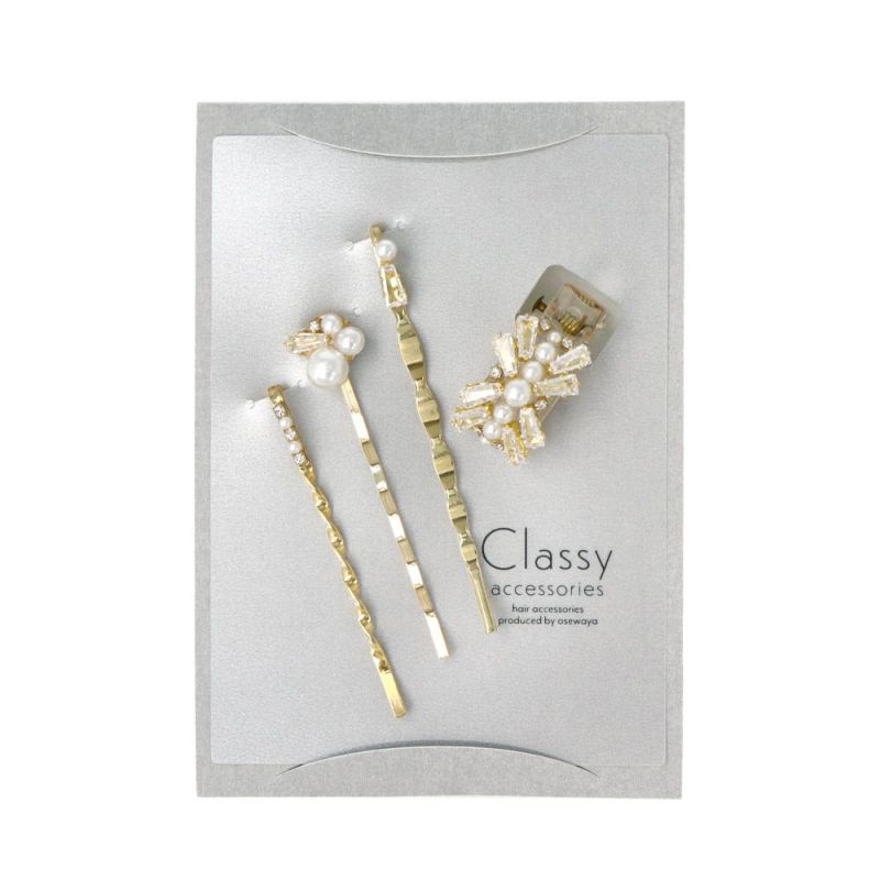 Classy ヘアアレンジセット ヘアクリップ ヘアピン メタル ミニ ストーン パール 4個セット アメピン クリップ
