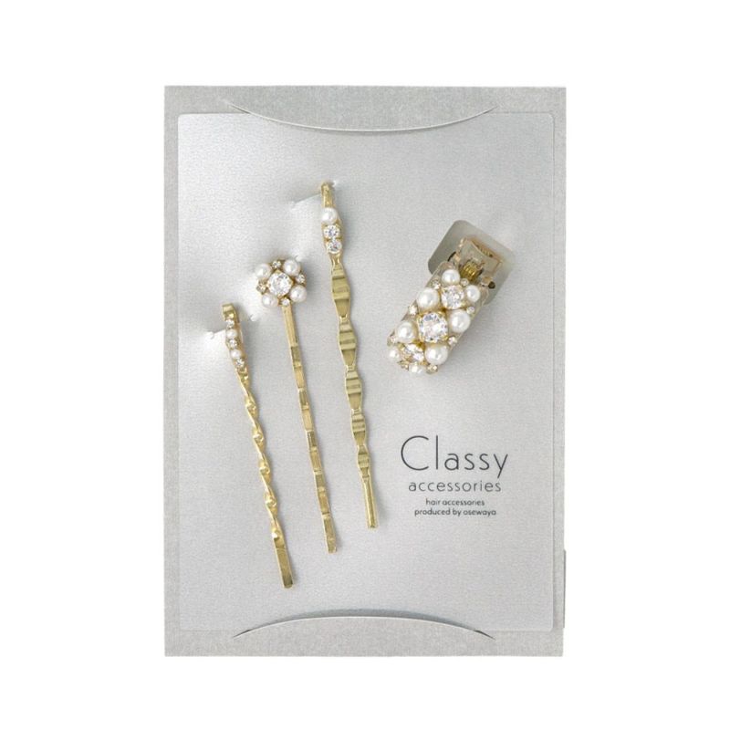 Classy ヘアアレンジセット ヘアクリップ ヘアピン メタル ミニ ストーン パール 4個セット アメピン クリップ