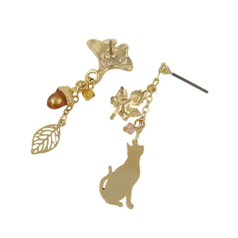 ピアス お座り 猫 紅葉 銀杏 どんぐり リーフ グラデーション アシンメトリー メタル ストーン カラー ビーズ チタンポスト スタッドピアス