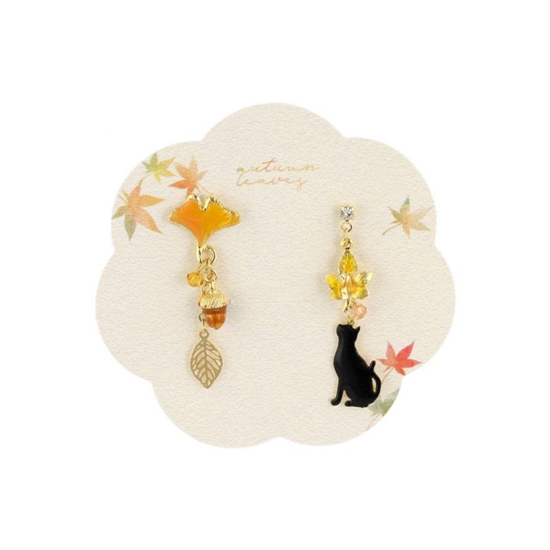 ピアス お座り 猫 紅葉 銀杏 どんぐり リーフ グラデーション アシンメトリー メタル ストーン カラー ビーズ チタンポスト スタッドピアス