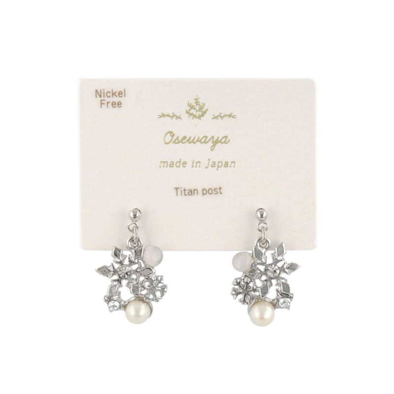 ピアス ニッケルフリー メタル 雪の結晶 合成キャッツアイ パール ストーン チタンポスト スタッドピアス