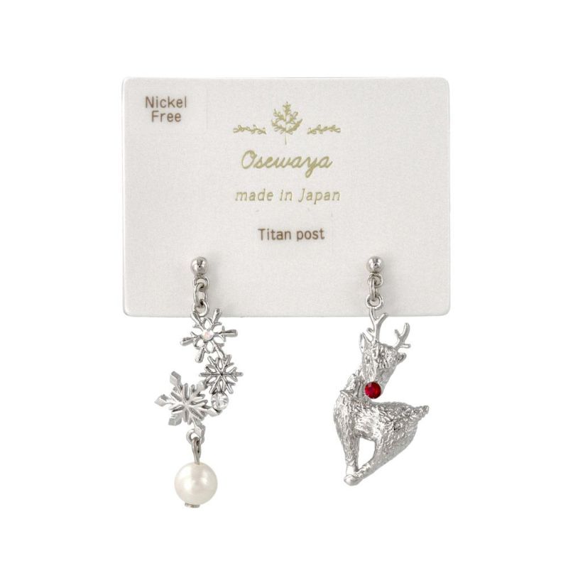ピアス ニッケルフリー メタル キュービックジルコニア 赤鼻 トナカイ 雪の結晶 ストーン パール チタンポスト スタッドピアス