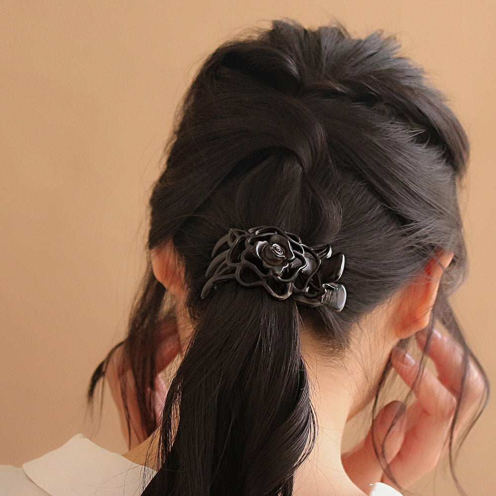 ヘアクリップ 透かし フラワー ウッド風 サイドクリップ バンスクリップ