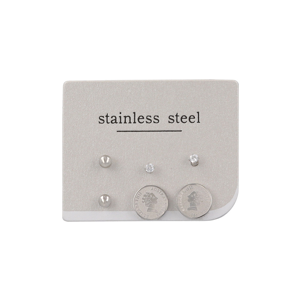 ピアス メタル コイン キュービックジルコニア メタルボール 6個セット ステンレスポスト スタッドピアス