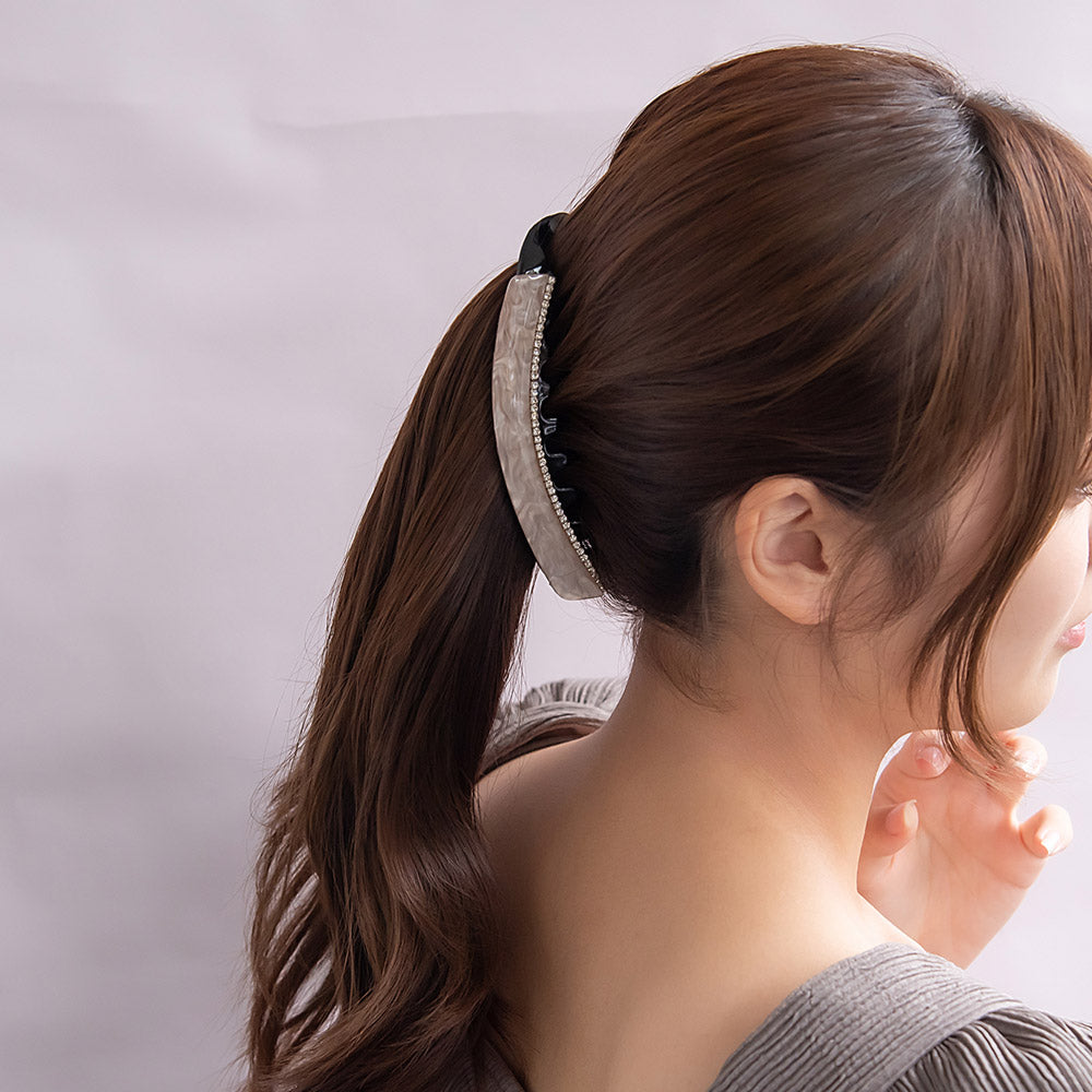 バナナクリップ マーブル カラー ミニ ストーン カーブ 2層 歯つき 130mm ビッグサイズ ヘアクリップ