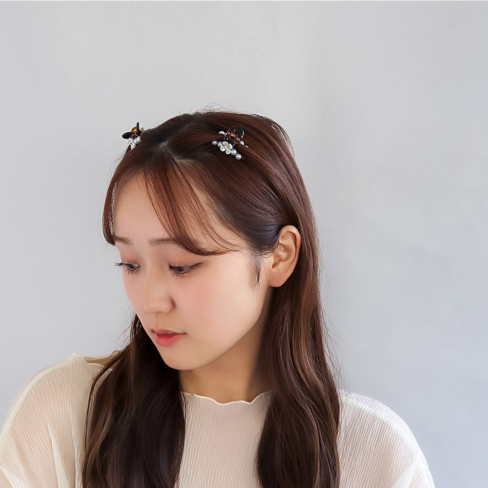 ヘアクリップ mini clip フラワー 花 ストーン パール カーブ ライン クリア カラー 2個セット ミニ バンスクリップ