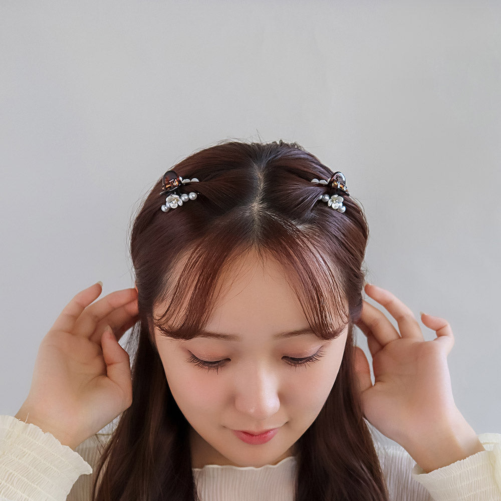 ヘアクリップ mini clip フラワー 花 ストーン パール カーブ ライン クリア カラー 2個セット ミニ バンスクリップ