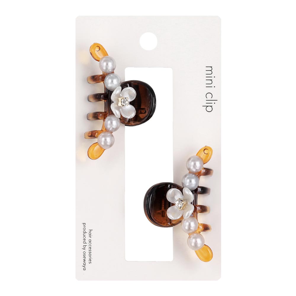 ヘアクリップ mini clip フラワー 花 ストーン パール カーブ ライン クリア カラー 2個セット ミニ バンスクリップ