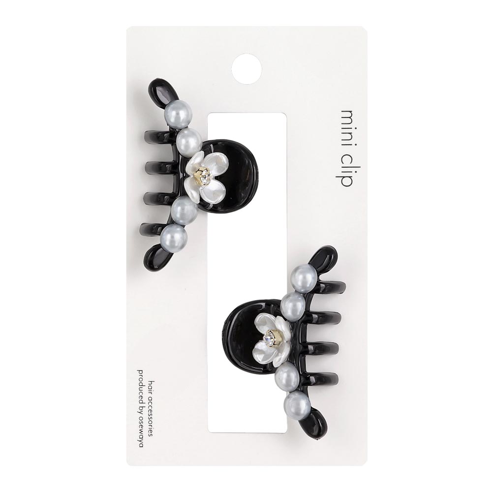 ヘアクリップ mini clip フラワー 花 ストーン パール カーブ ライン クリア カラー 2個セット ミニ バンスクリップ