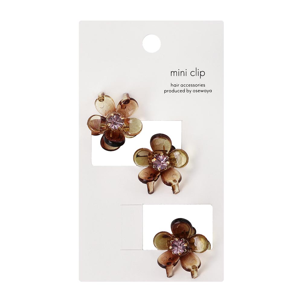 ヘアクリップ mini clip フラワー 花 クリア カラー ストーン 3個セット ミニ バンスクリップ