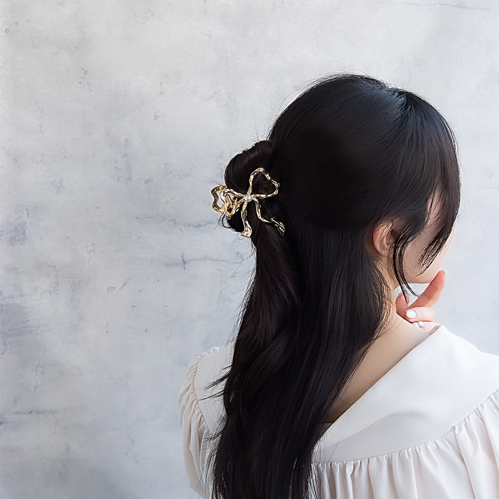 ヘアクリップ ニッケルフリー メタル リボン パール 80mm バンスクリップ
