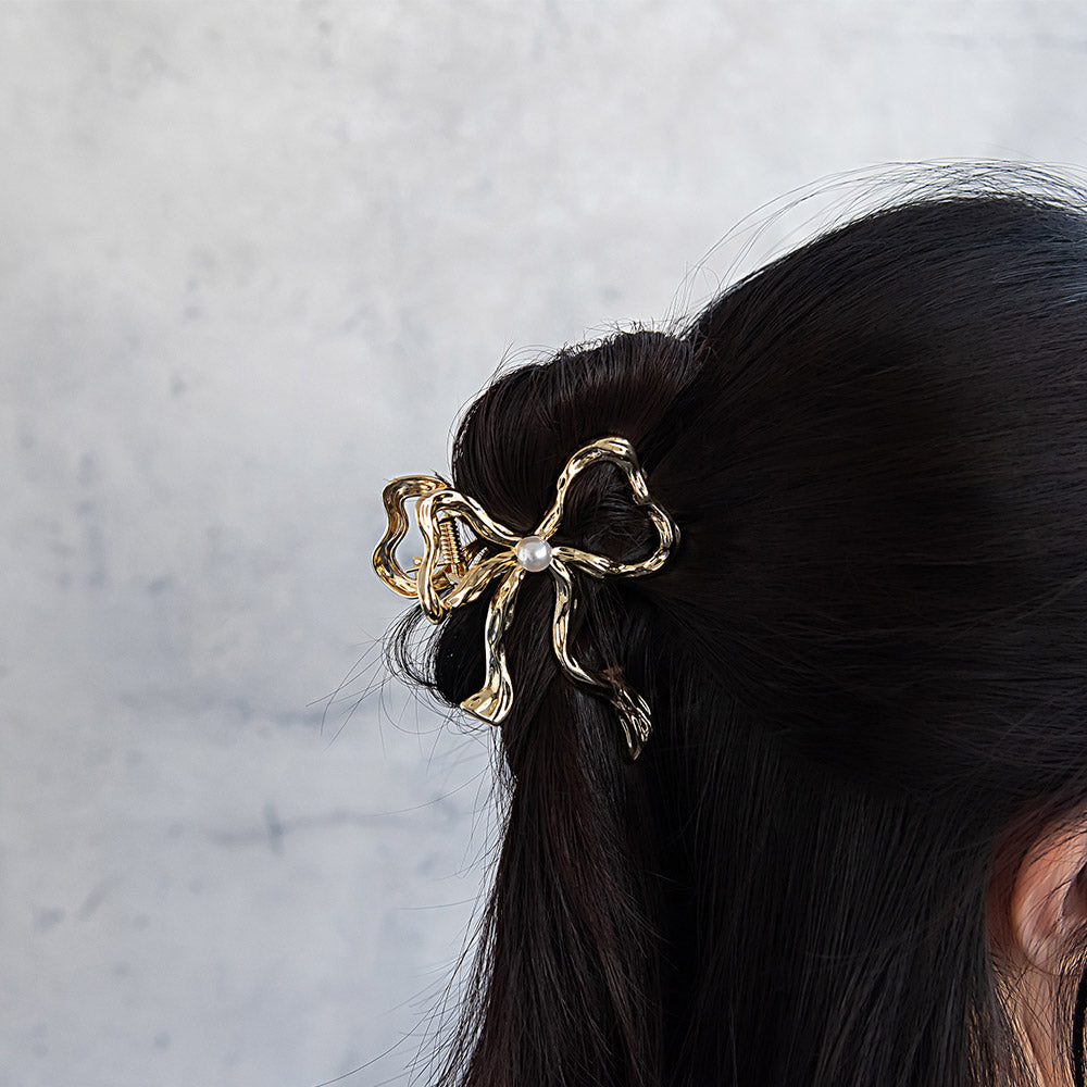 ヘアクリップ ニッケルフリー メタル リボン パール 80mm バンスクリップ