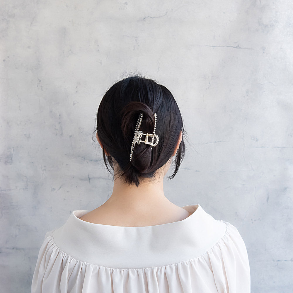 ヘアクリップ ニッケルフリー メタル ダブル リボン ミニ ストーン パール バンスクリップ