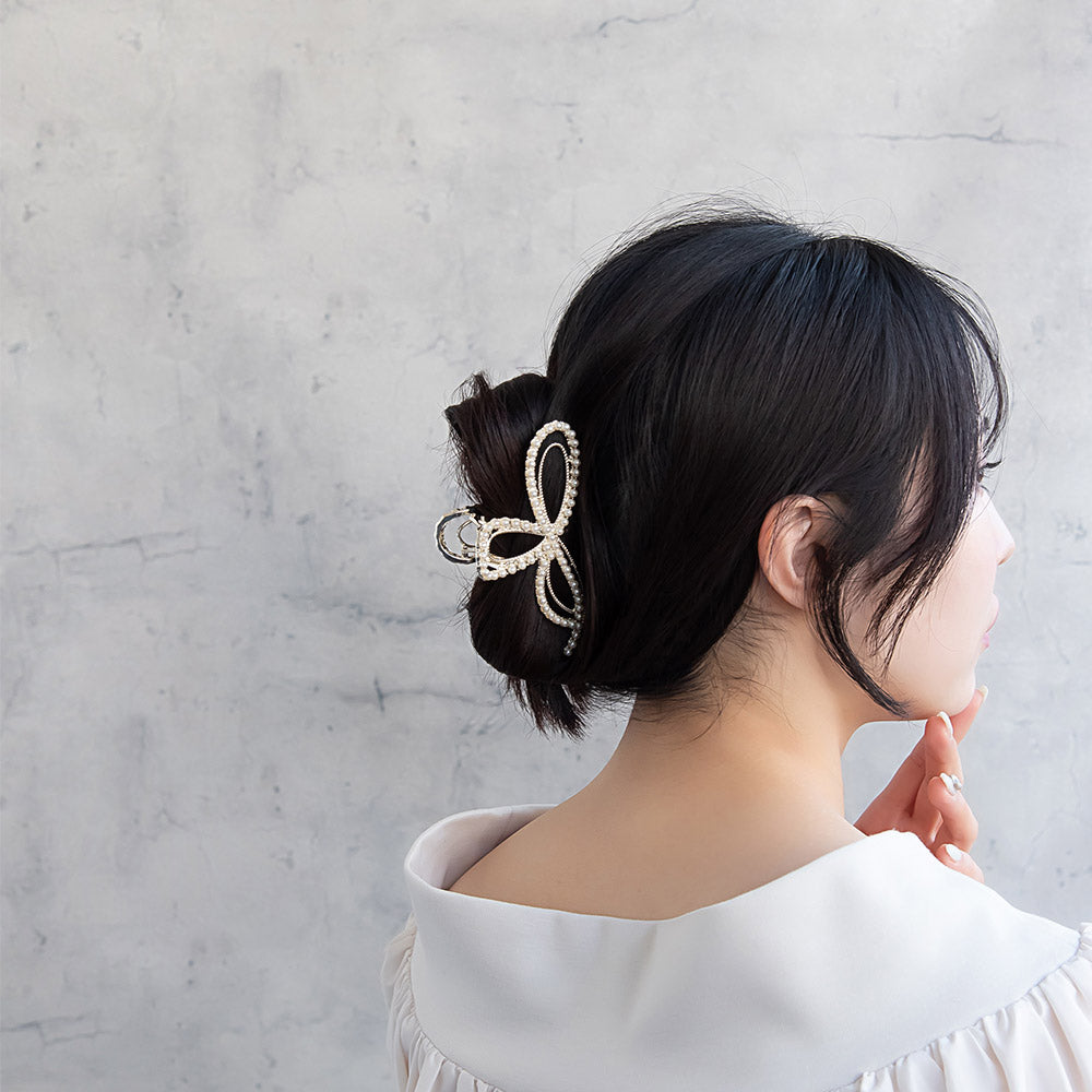 ヘアクリップ ニッケルフリー メタル ダブル リボン ミニ ストーン パール バンスクリップ