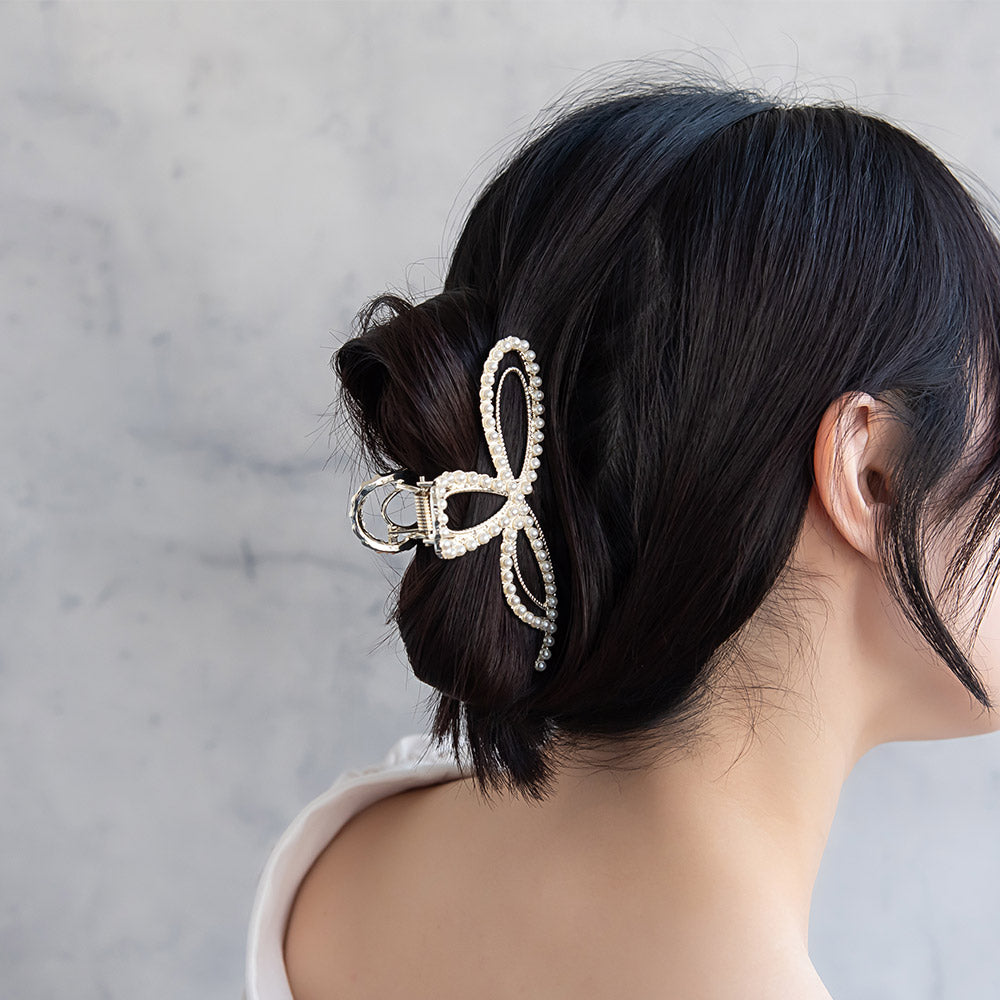 ヘアクリップ ニッケルフリー メタル ダブル リボン ミニ ストーン パール バンスクリップ