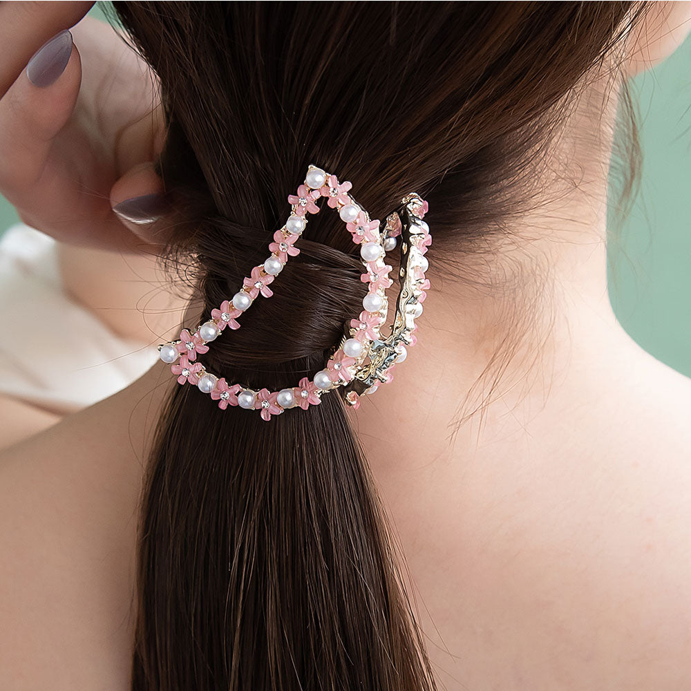 ヘアクリップ ミニ フラワー 花 カラー ストーン パール ハーフサークル アーチ フレーム 半月型 メタル バンスクリップ