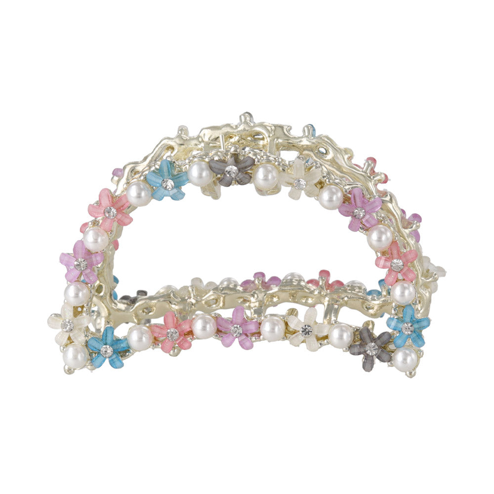 ヘアクリップ ミニ フラワー 花 カラー ストーン パール ハーフサークル アーチ フレーム 半月型 メタル バンスクリップ