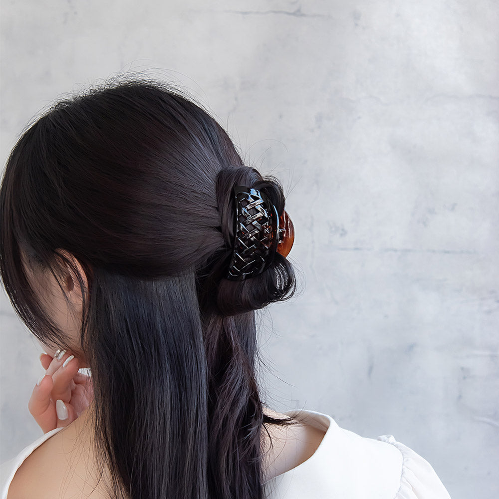 ヘアクリップ ハーフサークル 半月型 透かし クロス 編み込み ベーシック カラー バンスクリップ
