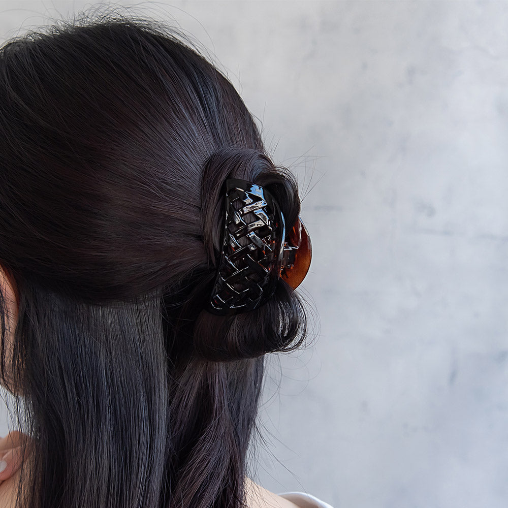 ヘアクリップ ハーフサークル 半月型 透かし クロス 編み込み ベーシック カラー バンスクリップ