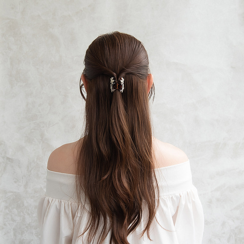 ヘアクリップ メタル フレーム ダブル フラワー ストーン ベーシックカラー ミニ バンスクリップ